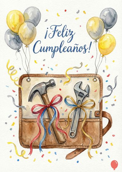 Tarjeta de felicitación con un bolso de herramientas marrón. Un martillo con lazo rojo y azul y una llave inglesa con lazo amarillo. Globos grises y amarillos sobre el bolso, confeti y la frase «¡Feliz Cumpleaños!» escrita en azul.