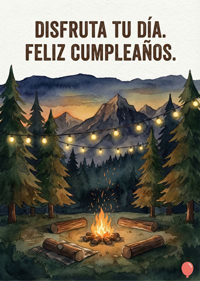 Acuarela con montañas y pinos. En el centro, una fogata con troncos y una guirnalda de luces. Encima, el mensaje «DISFRUTA TU DÍA. FELIZ CUMPLEAÑOS.» en marrón. Colores: azules, verdes y naranjas.