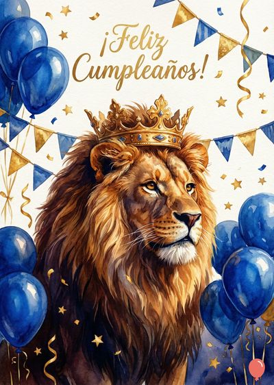 Un león con una corona dorada sobre su cabeza. Lucen globos azules a ambos lados, así como banderines azules y dorados. Hay estrellas doradas y cintas. Muestra la frase dorada «¡Feliz Cumpleaños!». El estilo es de acuarela.