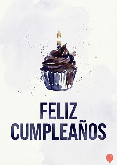 Un dulce decorado con glaseado marrón y una vela encendida, sobre una magdalena de papel, estilo acuarela. Debajo, las frases «FELIZ CUMPLEAÑOS» en azul oscuro sobre un lienzo claro con manchas y trazos.