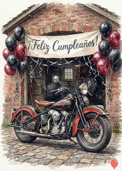 Acuarela de cumpleaños. Una motocicleta negra y roja está estacionada frente a una cochera de ladrillos. Globos negros y borgoña adornan la escena junto a una pancarta con «¡Feliz Cumpleaños!».