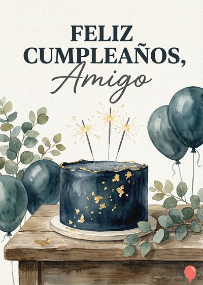 Tarjeta de felicitación con un pastel azul oscuro con chispas, rodeado de hojas verdes y globos del mismo color. Se lee «FELIZ CUMPLEAÑOS, Amigo» en tipografía manuscrita. Estilo acuarela, colores tierra y azul.