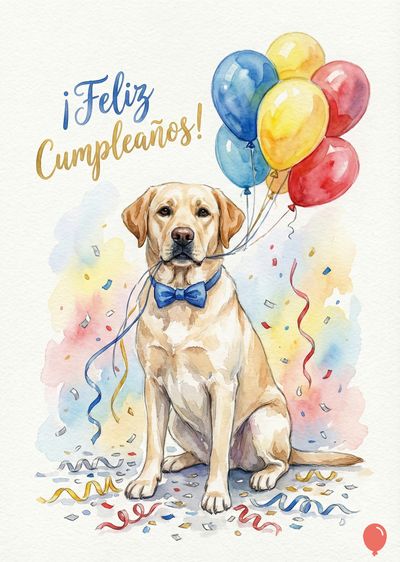 Acuarela de un perro Labrador beige con un lazo azul. Tiene un ramo de globos azul, amarillo y rojo. Encima, « ¡Feliz Cumpleaños! » en letras doradas y azules con confeti y serpentinas. Estilo artístico.