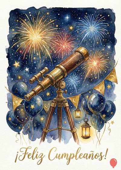 Acuarela con telescopio dorado, fuegos artificiales, globos azules con estrellas, guirnaldas y faroles sobre un cielo nocturno azul oscuro. En la parte inferior, la frase: «¡Feliz Cumpleaños!».