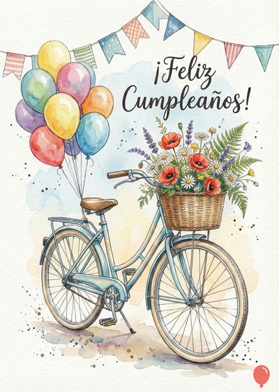 Acuarela de una bicicleta celeste con canasta llena de flores. Globos multicolores a la izquierda. Arriba, banderines. Inscripción «¡Feliz Cumpleaños!».