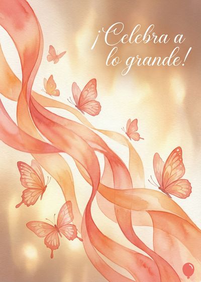 Composición acuarelada con cintas onduladas y mariposas en tonos coral y amarillo. El lema «¡Celebra a lo grande!» en caligrafía blanca, sobre un degradado crema y ocre.