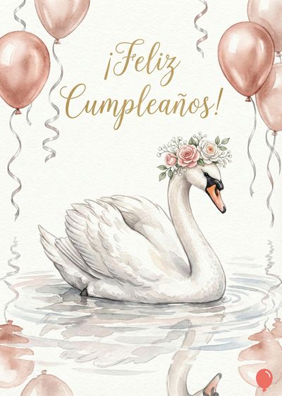 Un cisne blanco decorado con flores en coronas, flotando en agua. Encima globos color rosa y texto dorado: «¡Feliz Cumpleaños!». Estilo acuarela, colores pastel.