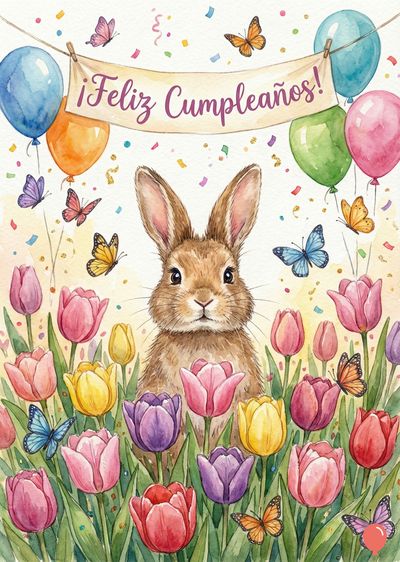 Un conejo marrón mira al frente rodeado de flores y mariposas. Balones de colores y una guirnalda con el mensaje «¡Feliz Cumpleaños!» decoran la parte superior. Estilo acuarela con tonos pastel.