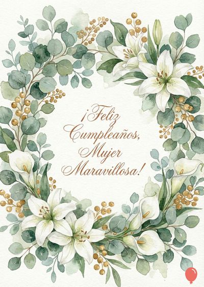 Acuarela con diseño floral en forma de corona. Flores blancas y hojas verdes rodean un mensaje escrito en color marrón: «¡Feliz Cumpleaños, Mujer Maravillosa!». Hay detalle de bayas doradas.