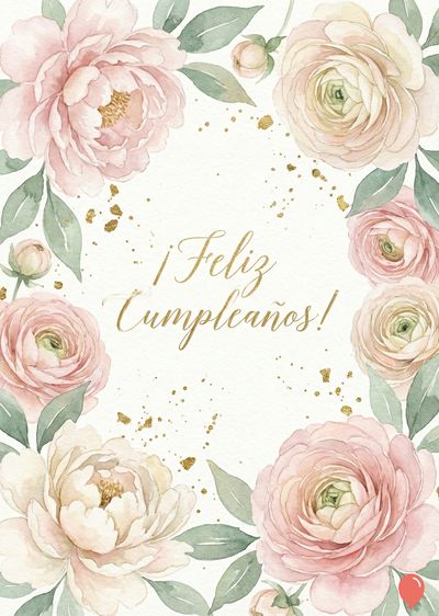 Tarjeta de felicitación con un arco de flores rosas y blancas, hojas verdes. Adornos dorados dispersos. El centro exhibe la frase en cursiva dorada: «¡Feliz Cumpleaños!». Estilo acuarela.