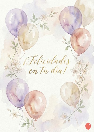 Acudrelas de acuarela con globos en tonos pastel, rodeados de flores y follaje. Título  «¡Felicidades en tu día!» en dorado. Estilo suave y acuarelado sobre un campo blanco con manchas.