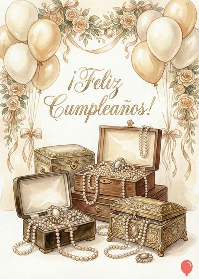 Ilustración de estilo acuarela con globos, flores y cajas de joyas. Globos dorados. Rosas y cintas beige en la parte superior. Cajas de madera abiertas con collares de perlas y broches. Encima, la leyenda «¡Feliz Cumpleaños!».