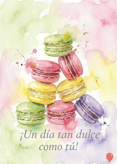 Nueve macarons de acuarela apilados. Colores: verde, rosa, amarillo y violeta. La base presenta manchas de pintura verde, rosa y amarillo. Tipografía gris: «¡Un día tan dulce como tú!».
