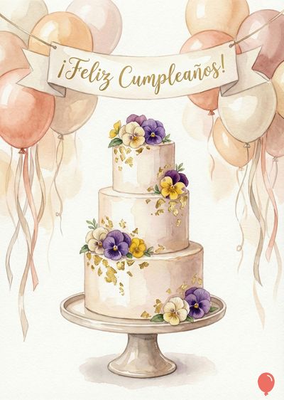 Una composición acuarelada de tarta de tres pisos con flores violetas y amarillas. Decorado con hojas doradas, posa sobre una base blanca. Globos pastel y una cinta con «¡Feliz Cumpleaños!».