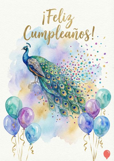 En la composición, un pavo real azul y verde se sitúa junto a una mancha de acuarela. Incluye globos y la frase dorada «¡Feliz Cumpleaños!». Confeti multicolor se esparce.