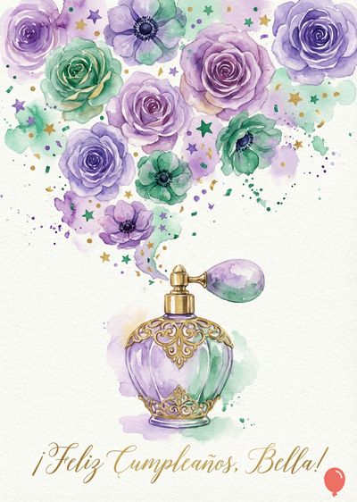 Acuarela floral con ramo de rosas y anémonas lilas y verdes que emanan de un frasco de perfume con detalles dorados. Debajo, caligrafía dorada: «¡Feliz Cumpleaños, Bella!»