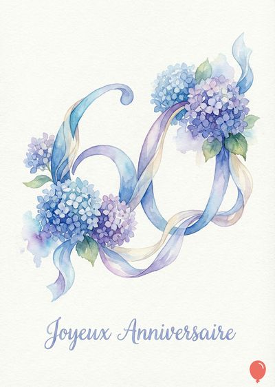 Carte d’anniversaire aquarelle. Le chiffre « 60 » bleu pastel orné de fleurs d’hortensia mauves et bleues. Rubans bleus et beiges. Inscription calligraphiée « Joyeux Anniversaire ». Petit ballon rouge.