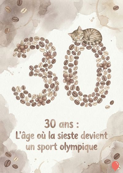 Chiffres « 30 » faits de grains de café marron clair, avec un chat tigré dormant sur le zéro. Taches de café en nuances de brun. Inscription « 30 ans : L’âge où la sieste devient un sport olympique ». Style aquarelle.