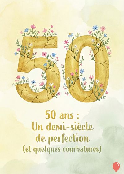 Un chiffre « 50 » doré craquelé, fleuri, sur un dégradé de couleurs chaudes. En dessous : « 50 ans : Un demi-siècle de perfection (et quelques courbatures) », écrit en doré.