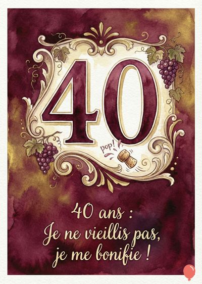 Carte d'anniversaire aquarelle. Le chiffre « 40 » est inscrit dans un cadre orné avec des grappes de raisin. Un bouchon de champagne éjecté est représenté.  « 40 ans : Je ne vieillis pas, je me bonifie ! » est inscrit.