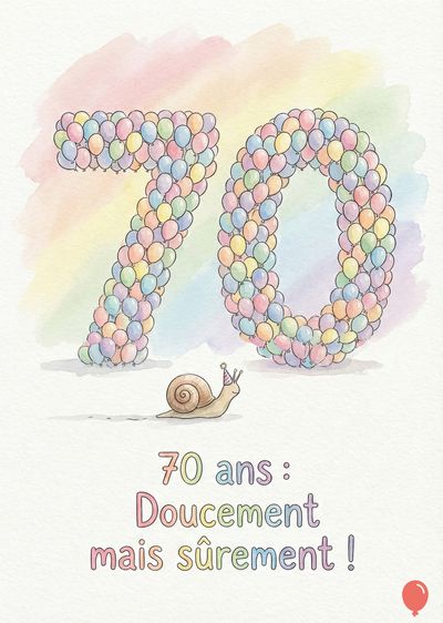Composition aquarelle pour un anniversaire. Le chiffre « 70 » est formé de ballons multicolores. Un escargot avec un chapeau de fête est en dessous. Inscription : « 70 ans : Doucement mais sûrement ! »