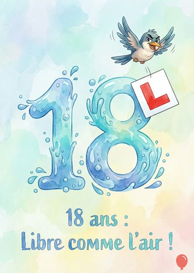 Une composition d'aquarelle avec les chiffres « 18 » en eau bleue, un oiseau en colère tenant un permis. En-dessous, la phrase « 18 ans : Libre comme l'air ! ». Style cartoon.