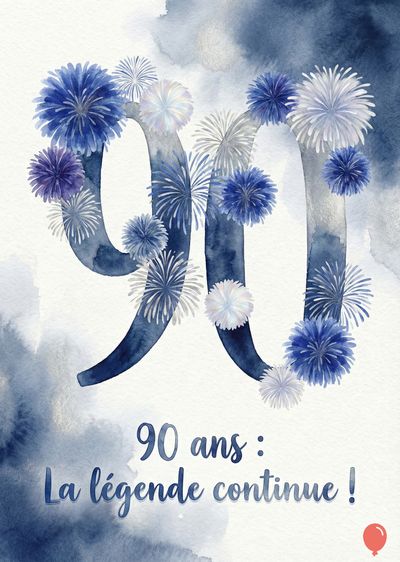 Une composition à l’aquarelle avec un chiffre « 90 » bleu foncé entouré de fleurs et de feux d’artifice bleus, blancs et violets. Le chiffre est sur un « » nuage « » bleuté, avec l’inscription « 90 ans : La légende continue ! ».