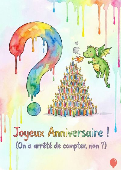 Un point d'interrogation multicolore dégoulinant, à côté d'un dragon vert crachant du feu sur un tas de bougies. « Joyeux Anniversaire ! » et « (On a arrêté de compter, non ?) » sont inscrits. Style aquarelle.