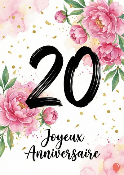Une composition florale aquarelle avec des pivoines roses et des feuilles vertes, ornée de dorures. Le chiffre « 20 » noir surmonte la lettrine « Joyeux Anniversaire ».