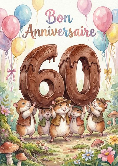 Carton d’invitation aquarelle. Ballons pastel, inscription « Bon Anniversaire ». Chiffre « 60 » marron chocolat porté par 5 hamsters vêtus. Fleurs, champignons, arbres.