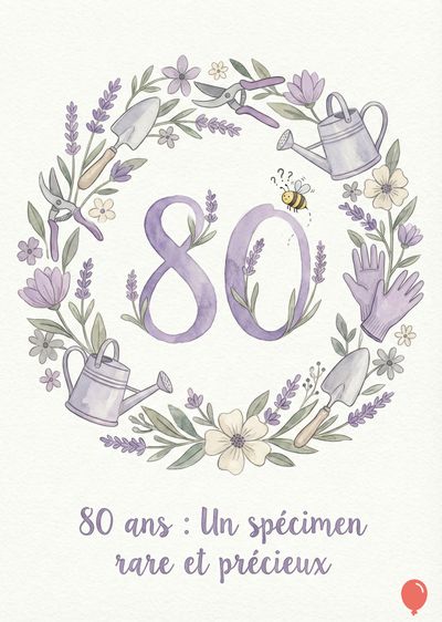 Carte d'anniversaire aquarelle. Un cercle floral avec des outils de jardinage entoure le chiffre « 80 ». Une abeille et une phrase : « 80 ans : Un spécimen rare et précieux » composent la scène.