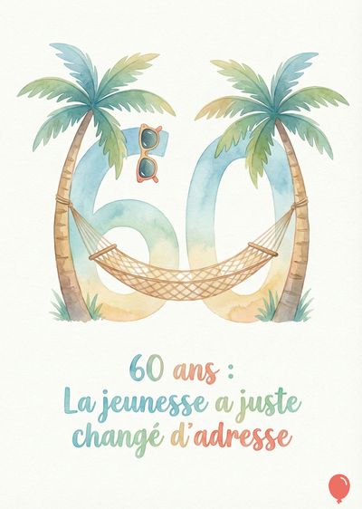 Aquarelle d’une carte d’anniversaire. Palmier encadrant un « 60 » bleu, lunettes de soleil, hamac. En dessous, typographie multicolore : « 60 ans : La jeunesse a juste changé d’adresse ». Petit ballon rouge.