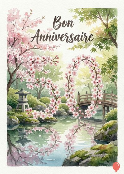 Estampe aquarelle d’un jardin japonais avec cerisiers en fleurs roses. Un plan d’eau reflète un pont en bois, une lanterne et le décor floral. « Bon Anniversaire » écrit en noir.