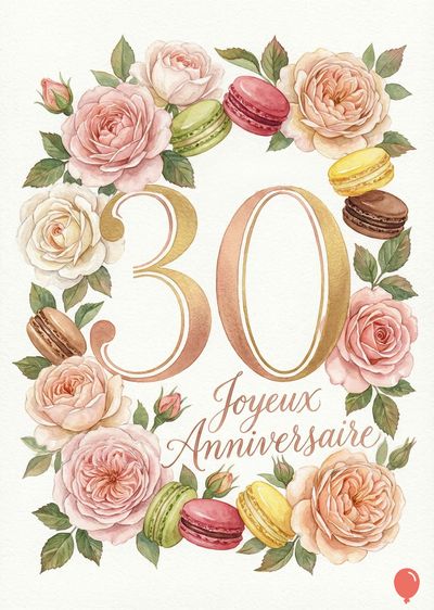 Un arrangement floral aquarelle festif. Une couronne de roses roses et beiges entoure le chiffre « 30 » doré et l’inscription « Joyeux Anniversaire ». Des macarons verts, roses, jaunes et marrons sont dispersés.