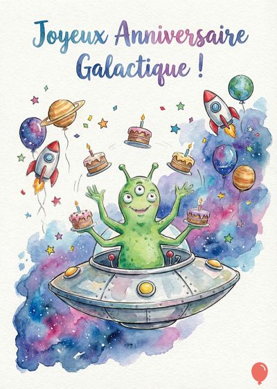 Un extraterrestre vert à trois yeux, dans une soucoupe volante, jongle avec des gâteaux d'anniversaire. Des fusées, planètes et étoiles ornent une composition aquarelle. Le message « Joyeux Anniversaire Galactique ! » est présent.
