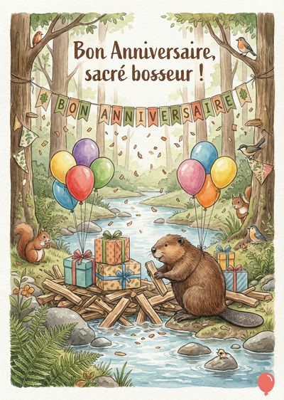 Un castor en aquarelle, sur un barrage, regarde des cadeaux. Des ballons multicolores flottent. Guirlande avec « BON ANNIVERSAIRE ». Petits animaux dans un paysage boisé, oiseaux. Style doux. Couleurs : vert, bleu, marron, jaune, rose.