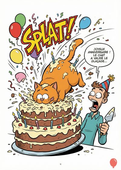 Chat roux plongeant dans un gâteau d'anniversaire, « SPLAT ! » en jaune. Un homme avec un chapeau de fête et une spatule est horrifié. Bulles avec « JOYEUX ANNIVERSAIRE ! LE CHAT A VALIDÉ LE GLAÇAGE... ». Ballons multicolores.