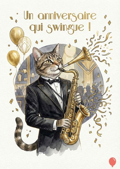 Un chat anthropomorphique en costume, jouant du saxophone doré. Des confettis et ballons dorés. Le message « Un anniversaire qui swingue ! » en doré surplombe la scène aquarelle.