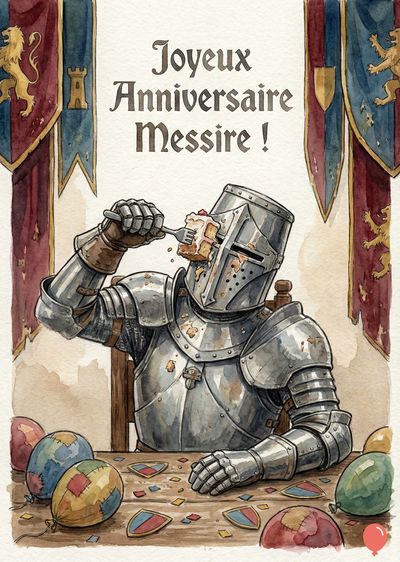 Carte d’anniversaire aquarelle. Un chevalier en armure mange une part de gâteau. Des banderoles avec des blasons encadrent le titre « Joyeux Anniversaire Messire ! » Une table avec ballons et confettis.
