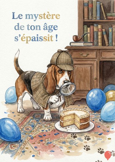 Basset Hound détective avec chapeau et manteau, loupe près d’un gâteau. Ballons bleus, buffet avec livres, une pipe. Inscription en bleu et jaune: « Le mystère de ton âge s’épaissit ! » Style aquarelle.