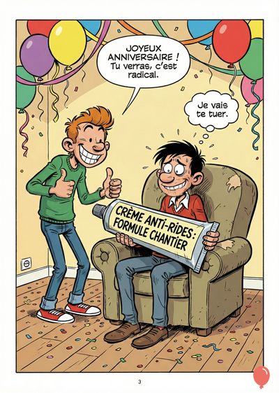 Un personnage sourit avec les pouces levés. Un autre est assis, tenant un tube de « CRÈME ANTI-RIDES: FORMULE CHANTIER ». Bulles de dialogue : « JOYEUX ANNIVERSAIRE ! », « Tu verras, c'est radical. », « Je vais te tuer. » Ballons, serpentins.