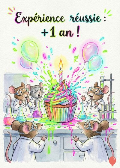 Une carte avec une pâtisserie multicolore, une bougie allumée et des souris en blouses blanches dans un laboratoire. Des éclaboussures colorées et des ballons entourent la pâtisserie. Le titre dit « Expérience réussie : +1 an ! ».