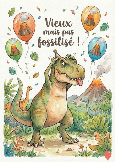 Un tyrannosaure vert portant un chapeau de fête et tirant la langue, avec des ballons volcan, la formule « Vieux mais pas fossilisé » et des dinosaures dans un paysage. Style aquarelle.