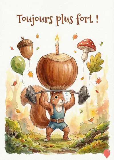 Un écureuil musclé lève une barre. Au-dessus, une noisette avec une bougie. Des ballons, un gland et un champignon flottent. Autour, des feuilles. Le tout sur un décor forestier. Légende : « Toujours plus fort ! »