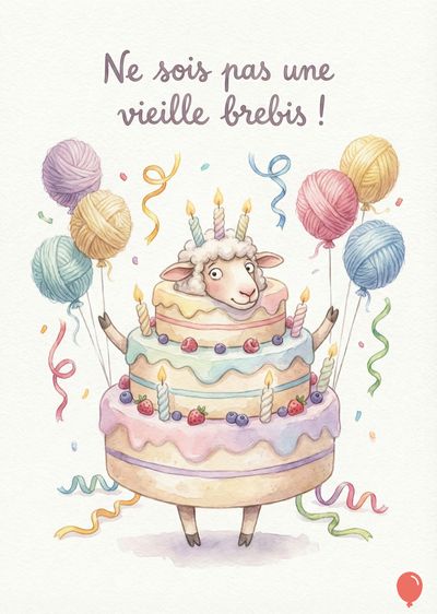 Aquarelle d'une brebis dans un gâteau à étages, tenant des ballons de pelotes de laine.  Des bougies allumées sur le gâteau.  Serpentins multicolores et la phrase « Ne sois pas une vieille brebis ! » orne le haut.