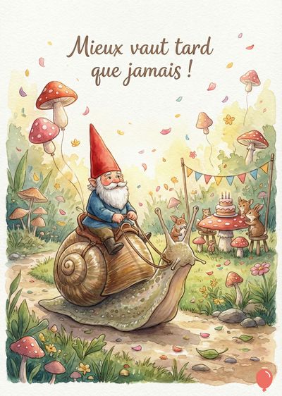Aquarelle d’un gnome sur un escargot, chemin dans un bois. Champignons et animaux autour d’une table. Ballons et pétales. « Mieux vaut tard que jamais ! » écrit en haut.