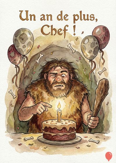 Homme préhistorique devant un gâteau d'anniversaire, tenant une massue. Ballons et ossements en suspension, devant une grotte. Calligraphie manuscrite « Un an de plus, Chef ! ». Aquarelle.