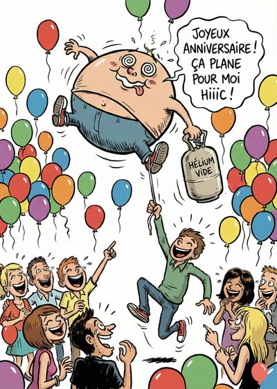 Un homme corpulent flotte en l’air, les yeux hagards. Il tient une bonbonne « Hélium vide », attachée au jeune homme souriant en bas. Ballons colorés et groupe de personnes réjouies complètent la scène. Une bulle affiche « Joyeux Anniversaire ! Ça plane pour moi Hiiic ! ».