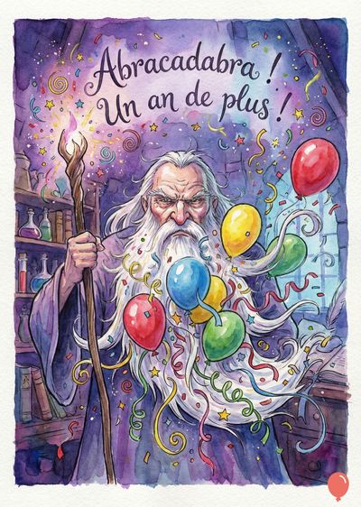 Un magicien barbu tient un bâton illuminé. Des ballons, des serpentins et des confettis flottent. Au-dessus, « Abracadabra ! Un an de plus ! » est écrit en cursive dans un style aquarelle, tons violets, jaunes et rouges.