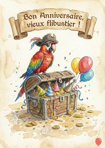 Aquarelle d'un perroquet rouge et bleu portant un chapeau de pirate avec des lunettes. Il est perché sur un coffre en bois rempli de pièces d'or, de chapeaux de fête et de confettis. Des ballons multicolores flottent. Une bannière dit « Bon Anniversaire, vieux flibustier ! »